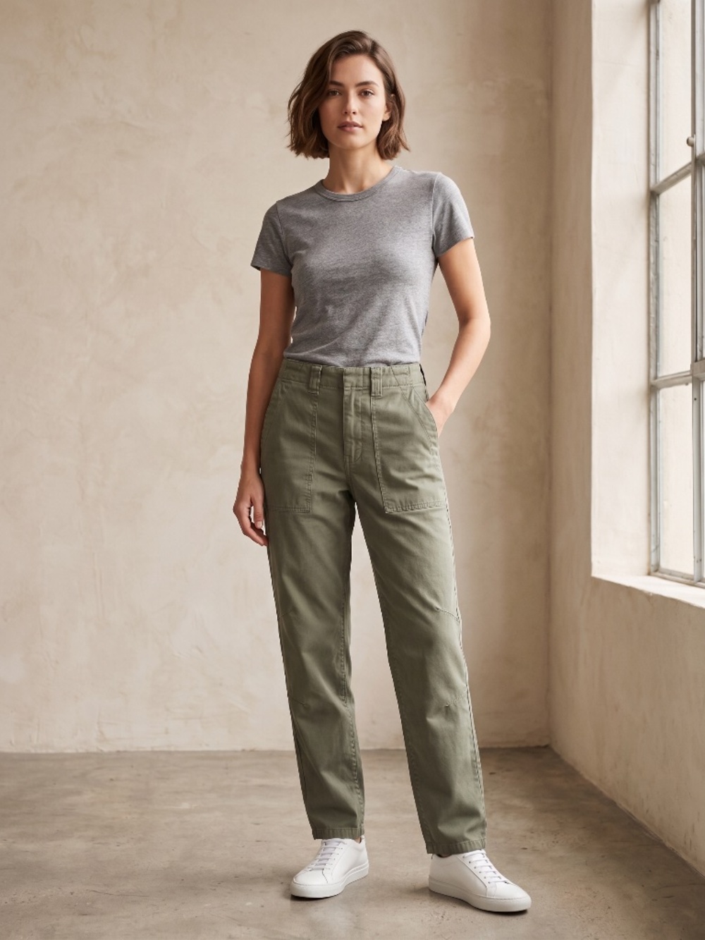 Pistola High-Waisted Utility Cargo Pants in Olive Green -- Size 27